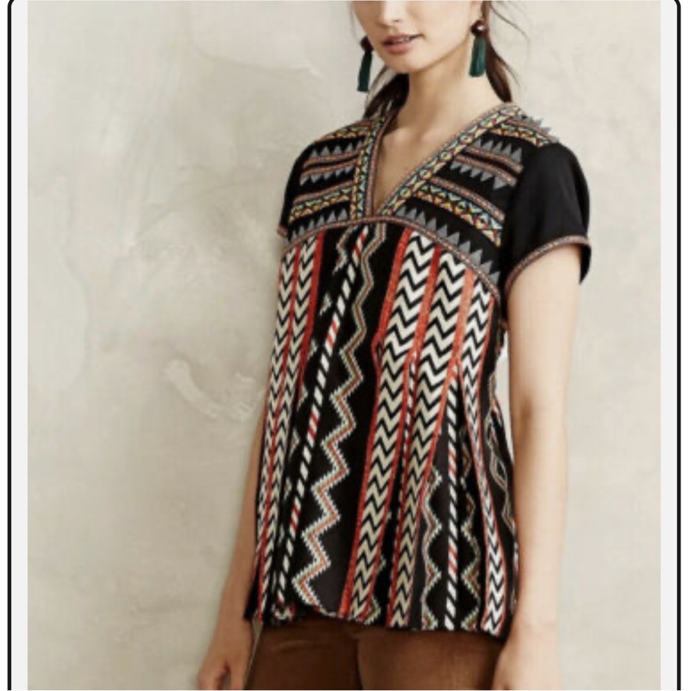 Anthropologie Ranna Gill Embroidered Pleated Top Tribal Multicolor Aztec Size 6